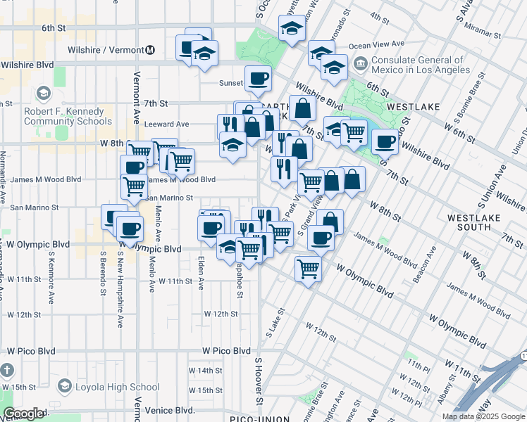 map of restaurants, bars, coffee shops, grocery stores, and more near 930 S Hoover St in Los Angeles