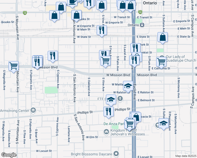 map of restaurants, bars, coffee shops, grocery stores, and more near 529 West Carlton Street in Ontario