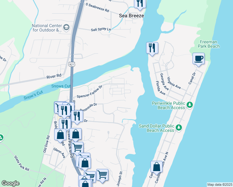 map of restaurants, bars, coffee shops, grocery stores, and more near 237 Silver Sloop Way in Carolina Beach