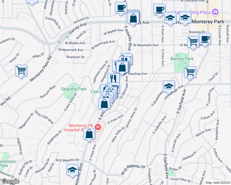 map of restaurants, bars, coffee shops, grocery stores, and more near 620 South Atlantic Boulevard in Monterey Park