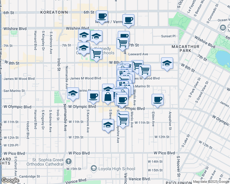 map of restaurants, bars, coffee shops, grocery stores, and more near 2946 San Marino Street in Los Angeles