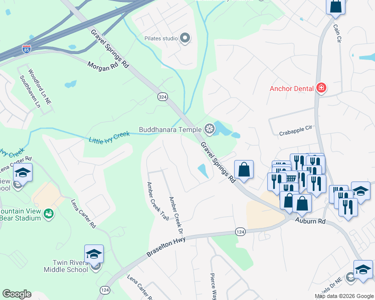 map of restaurants, bars, coffee shops, grocery stores, and more near 2495 Matlin Way in Buford