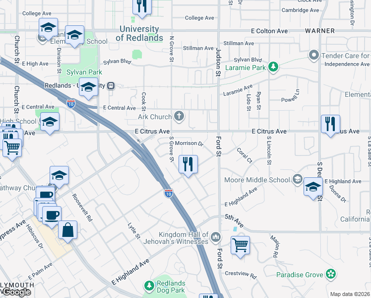 map of restaurants, bars, coffee shops, grocery stores, and more near 705 Hemlock Court in Redlands