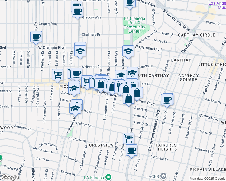 map of restaurants, bars, coffee shops, grocery stores, and more near 1251 South Holt Avenue in Los Angeles