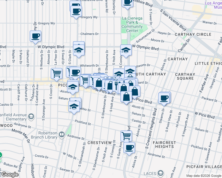 map of restaurants, bars, coffee shops, grocery stores, and more near 1249 South Holt Avenue in Los Angeles