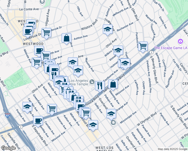 map of restaurants, bars, coffee shops, grocery stores, and more near 1621 Manning Avenue in Los Angeles