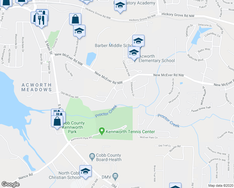 map of restaurants, bars, coffee shops, grocery stores, and more near 3603 High Battery Bluff in Acworth