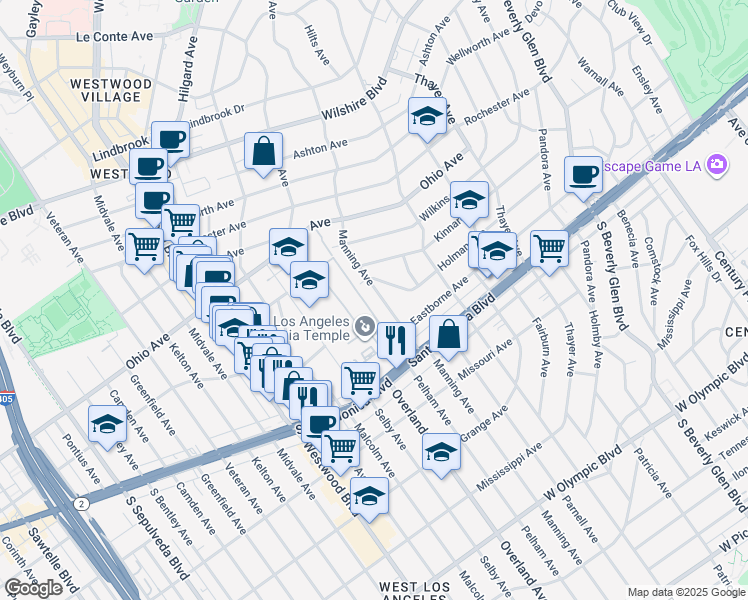 map of restaurants, bars, coffee shops, grocery stores, and more near 1621 Manning Avenue in Los Angeles