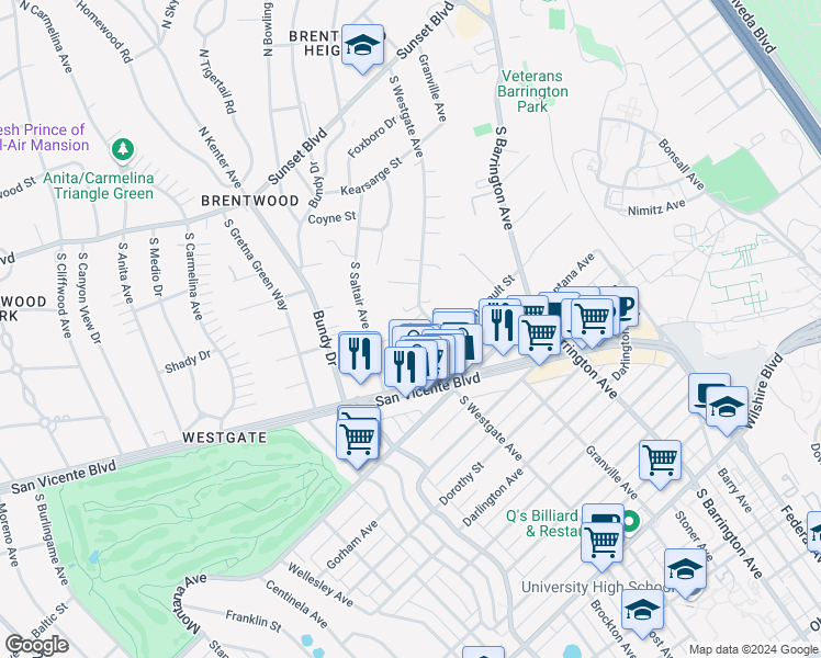 map of restaurants, bars, coffee shops, grocery stores, and more near 515 South Westgate Avenue in Los Angeles