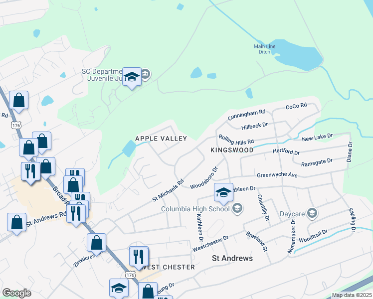 map of restaurants, bars, coffee shops, grocery stores, and more near 1937 Rolling Hills Road in Columbia