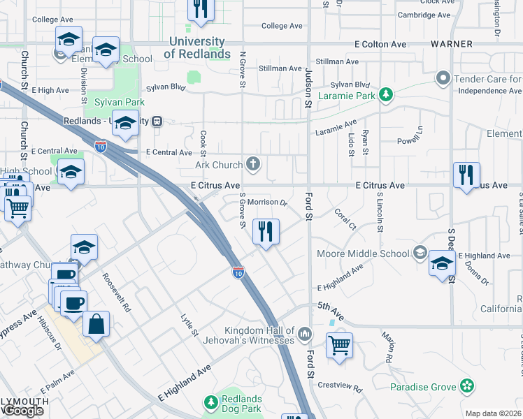 map of restaurants, bars, coffee shops, grocery stores, and more near 705 Hemlock Court in Redlands