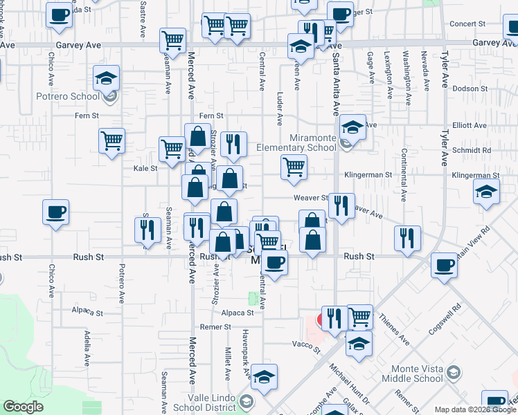 map of restaurants, bars, coffee shops, grocery stores, and more near 2227 Central Avenue in South El Monte