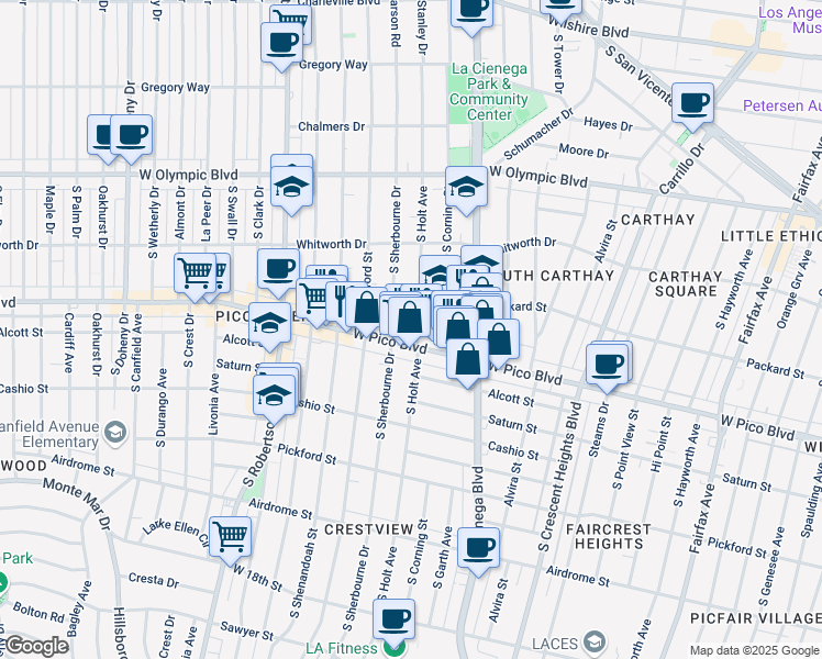 map of restaurants, bars, coffee shops, grocery stores, and more near 1251 South Holt Avenue in Los Angeles