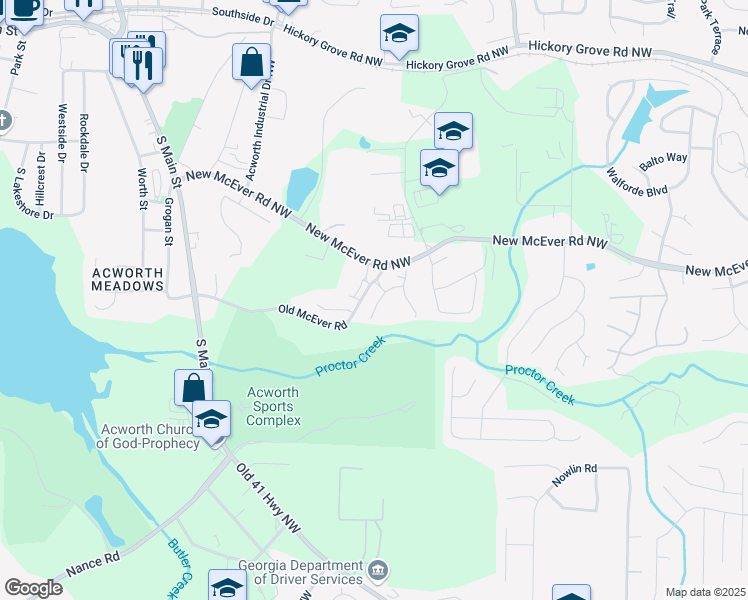 map of restaurants, bars, coffee shops, grocery stores, and more near 3606 High Battery Bluff in Acworth