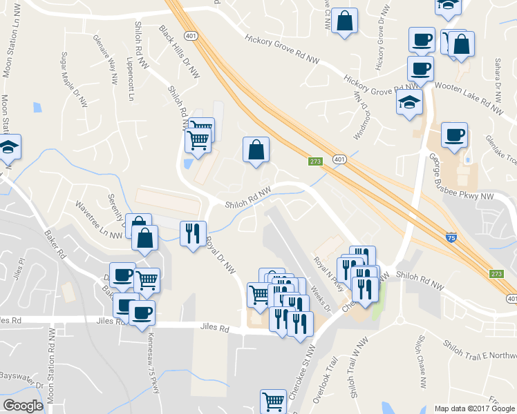 map of restaurants, bars, coffee shops, grocery stores, and more near 4210 Royal Regency Circle in Kennesaw