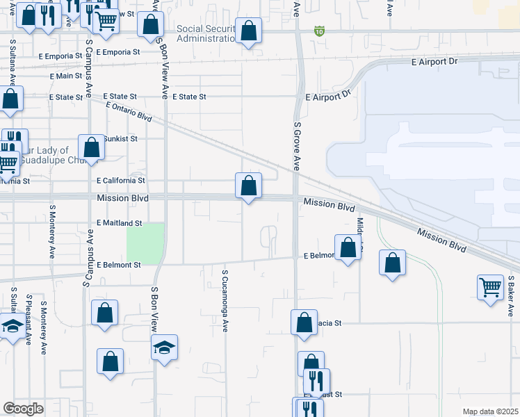 map of restaurants, bars, coffee shops, grocery stores, and more near 909 South Cucamonga Avenue in Ontario