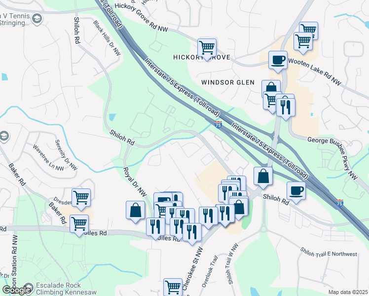 map of restaurants, bars, coffee shops, grocery stores, and more near 4087 Dresden Court Northwest in Kennesaw