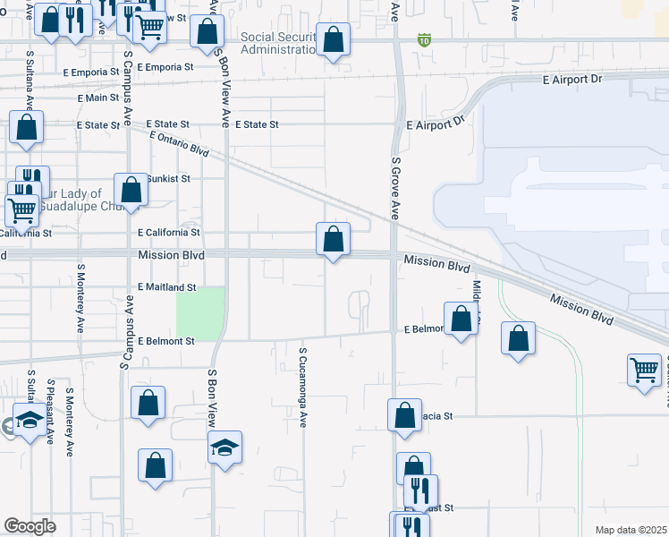 map of restaurants, bars, coffee shops, grocery stores, and more near 909 South Cucamonga Avenue in Ontario
