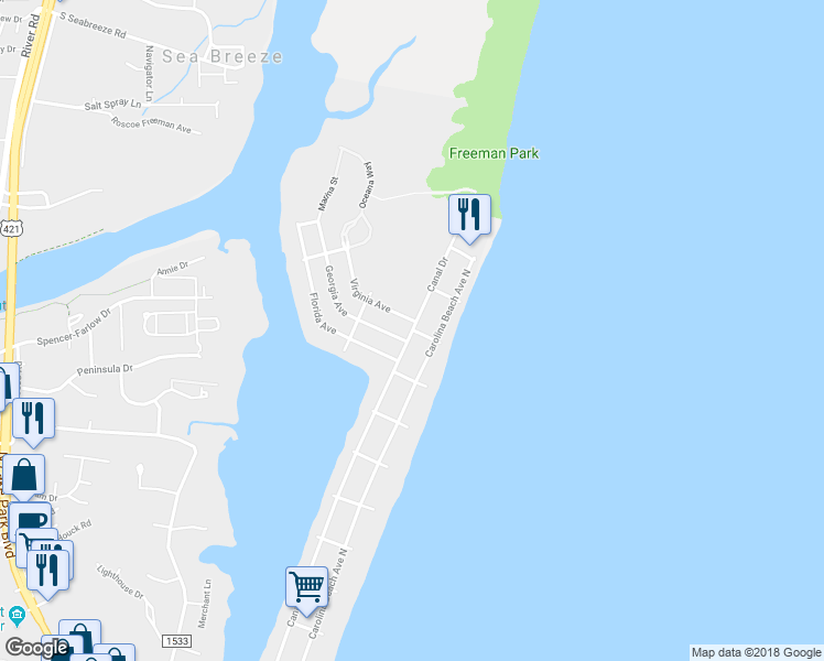 map of restaurants, bars, coffee shops, grocery stores, and more near 101 Sandfiddler Lane in Carolina Beach