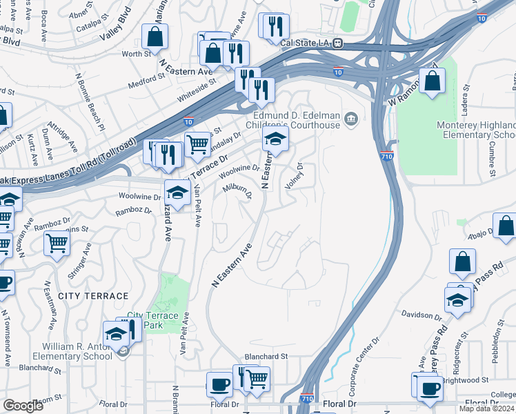 map of restaurants, bars, coffee shops, grocery stores, and more near 1327 North Eastern Avenue in Los Angeles