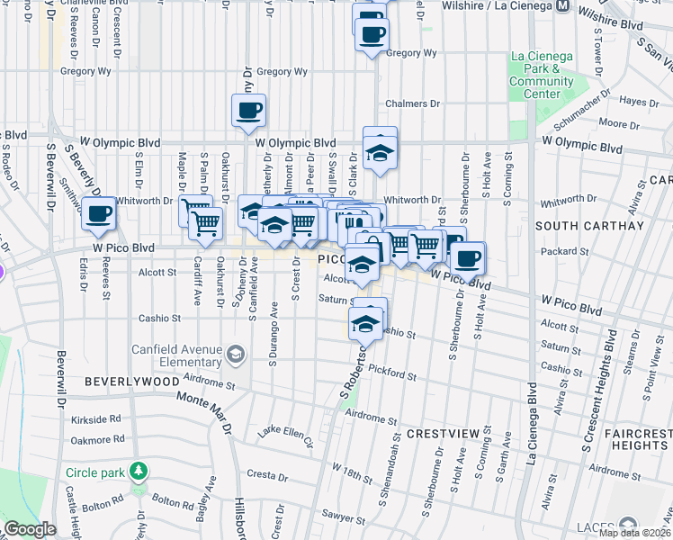 map of restaurants, bars, coffee shops, grocery stores, and more near 8845 Alcott Street in Los Angeles