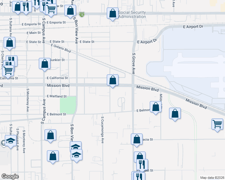 map of restaurants, bars, coffee shops, grocery stores, and more near 909 South Cucamonga Avenue in Ontario