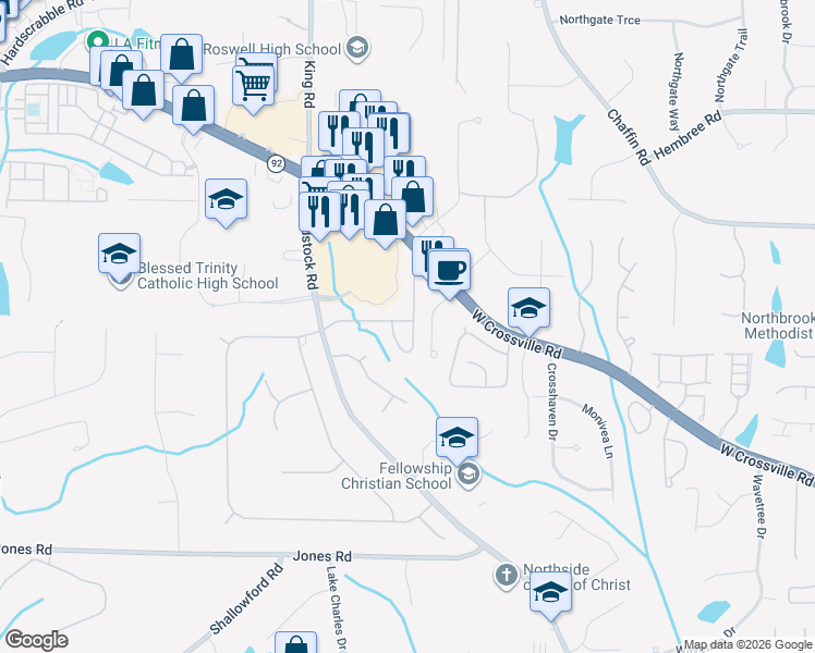 map of restaurants, bars, coffee shops, grocery stores, and more near 1610 Elgaen Place Drive in Roswell