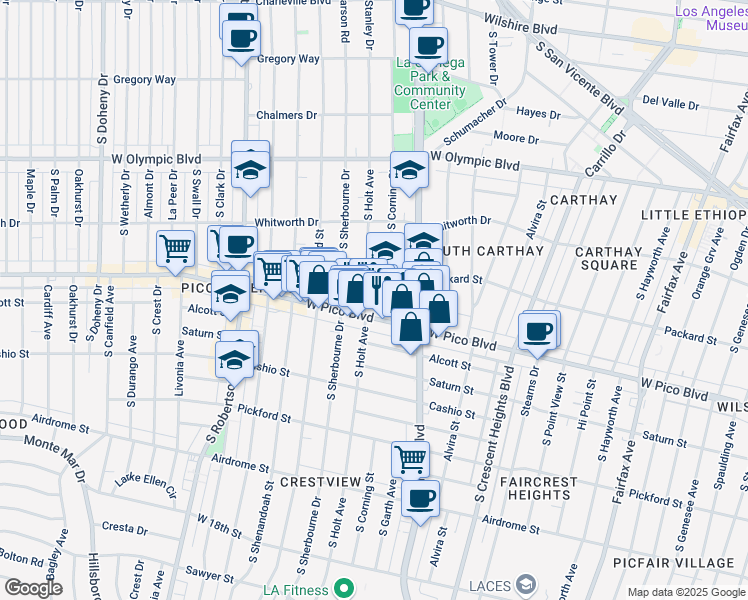 map of restaurants, bars, coffee shops, grocery stores, and more near 1242 South Holt Avenue in Los Angeles