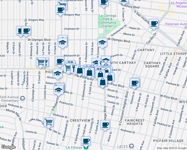 map of restaurants, bars, coffee shops, grocery stores, and more near 1242 South Holt Avenue in Los Angeles