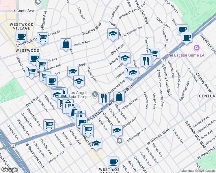 map of restaurants, bars, coffee shops, grocery stores, and more near 10650 Holman Avenue in Los Angeles