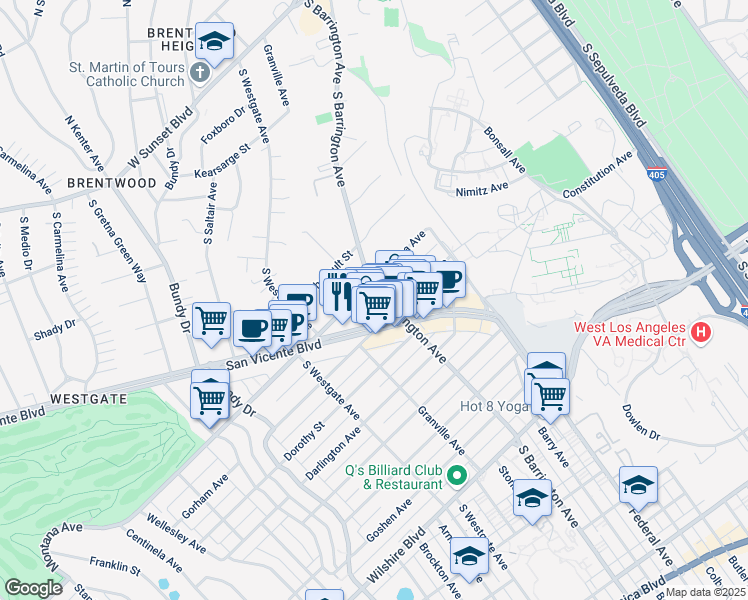 map of restaurants, bars, coffee shops, grocery stores, and more near 11706 Montana Avenue in Los Angeles