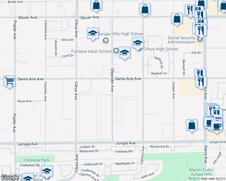 map of restaurants, bars, coffee shops, grocery stores, and more near 10985 Oleander Avenue in Fontana