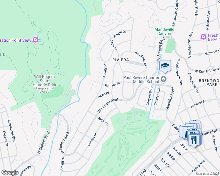 map of restaurants, bars, coffee shops, grocery stores, and more near 13600 Romany Drive in Los Angeles