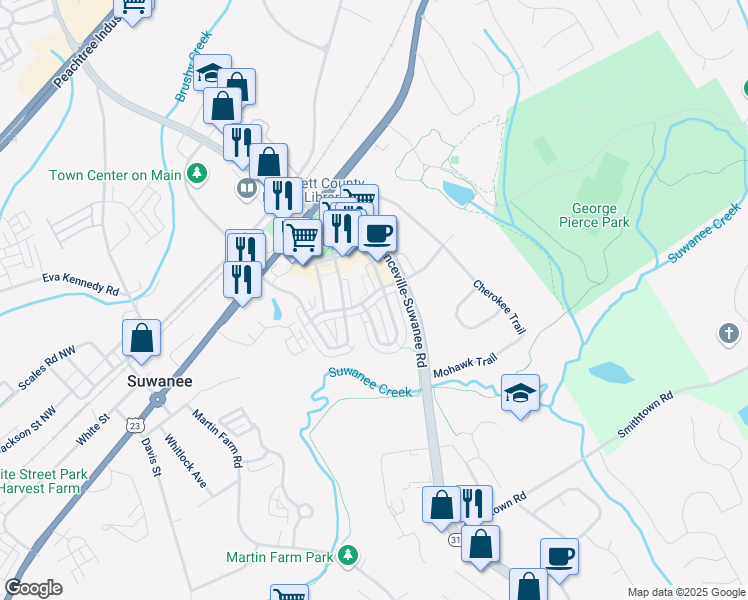 map of restaurants, bars, coffee shops, grocery stores, and more near 330 Suwanee Avenue Northwest in Suwanee