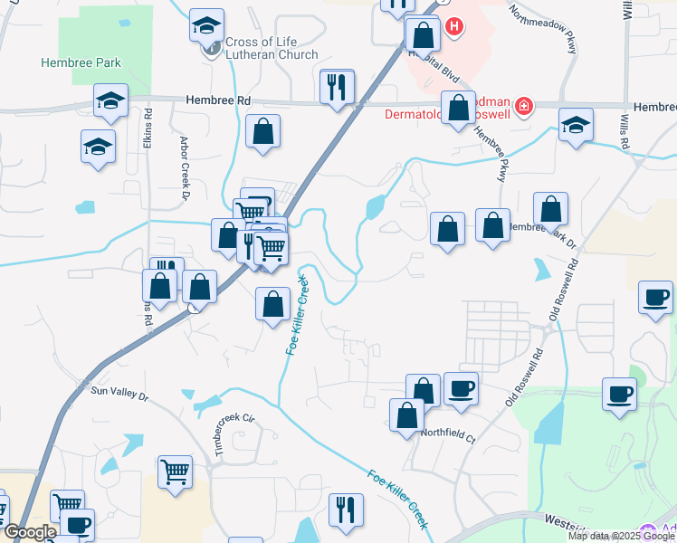 map of restaurants, bars, coffee shops, grocery stores, and more near 11251 Georgia 9 in Roswell
