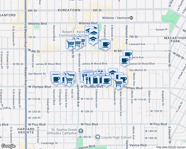 map of restaurants, bars, coffee shops, grocery stores, and more near 3096 San Marino Street in Los Angeles
