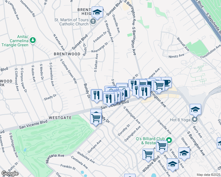 map of restaurants, bars, coffee shops, grocery stores, and more near 521 South Westgate Avenue in Los Angeles