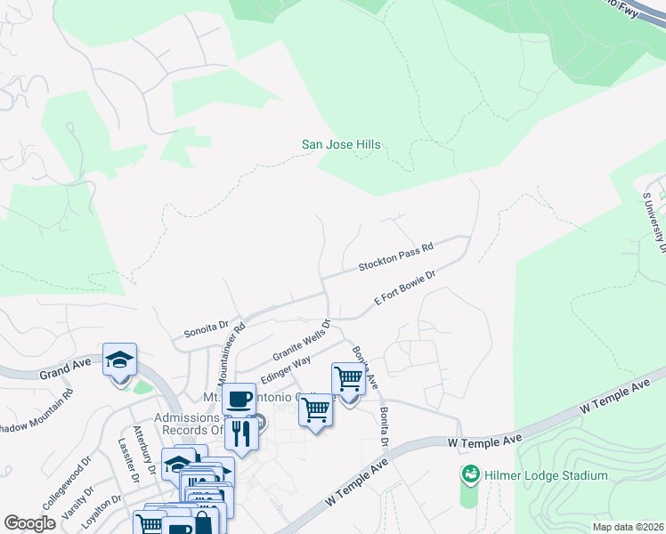 map of restaurants, bars, coffee shops, grocery stores, and more near 21119 Stockton Pass Road in Walnut
