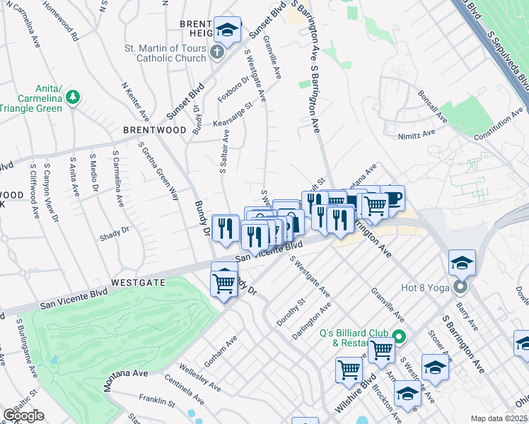 map of restaurants, bars, coffee shops, grocery stores, and more near 521 South Westgate Avenue in Los Angeles