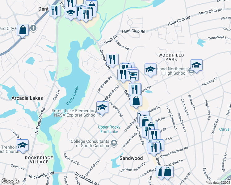 map of restaurants, bars, coffee shops, grocery stores, and more near 6918 Wedgefield Road in Columbia