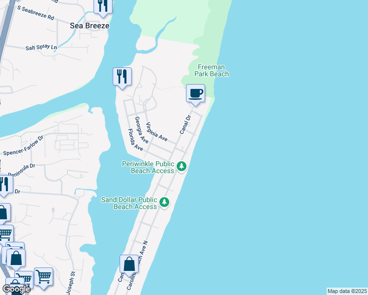 map of restaurants, bars, coffee shops, grocery stores, and more near 1607 Carolina Beach Avenue North in Carolina Beach