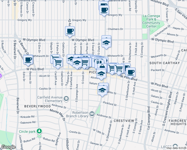 map of restaurants, bars, coffee shops, grocery stores, and more near 8853 Alcott Street in Los Angeles