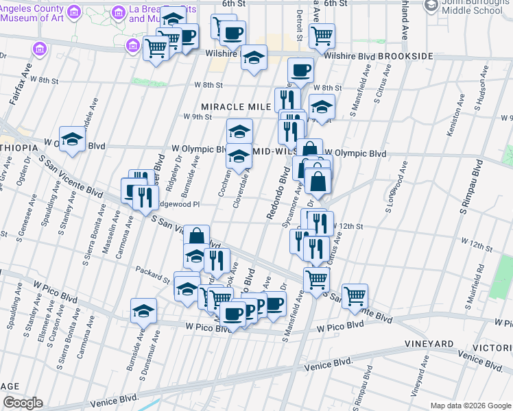 map of restaurants, bars, coffee shops, grocery stores, and more near 1104 South Cloverdale Avenue in Los Angeles