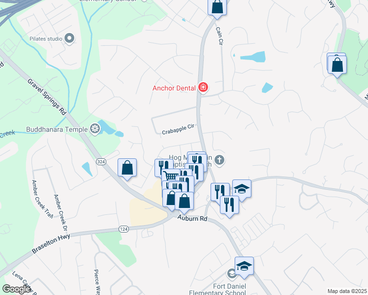 map of restaurants, bars, coffee shops, grocery stores, and more near 2133 Forecastle Lane in Dacula