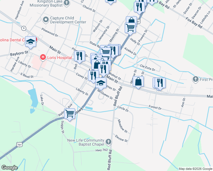 map of restaurants, bars, coffee shops, grocery stores, and more near 4251 Thomas Street in Loris