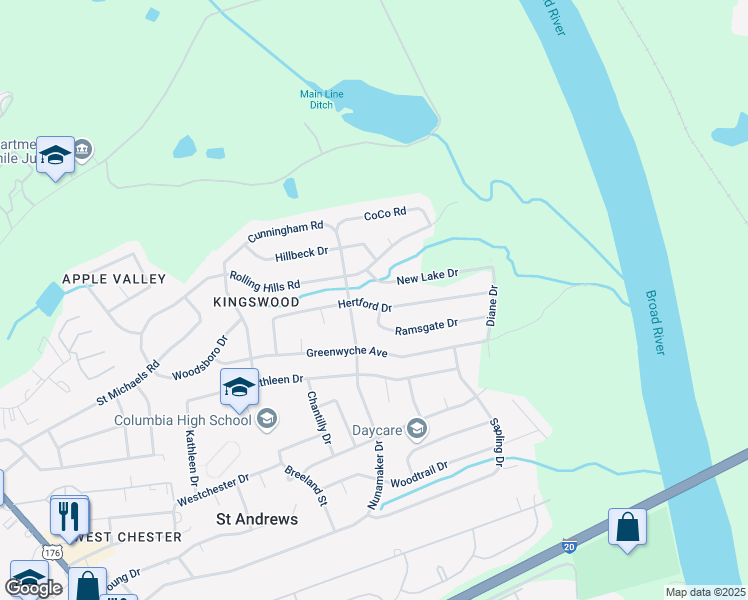 map of restaurants, bars, coffee shops, grocery stores, and more near 2307 Hertford Drive in Columbia