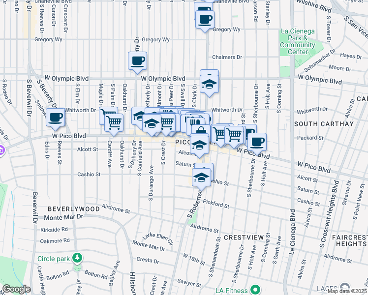 map of restaurants, bars, coffee shops, grocery stores, and more near 8853 Alcott Street in Los Angeles