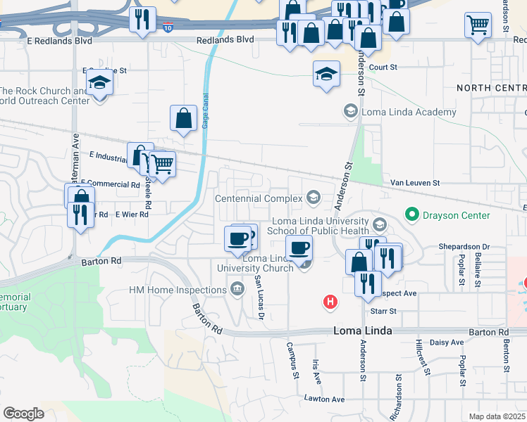 map of restaurants, bars, coffee shops, grocery stores, and more near 10972 Evans Street in Loma Linda