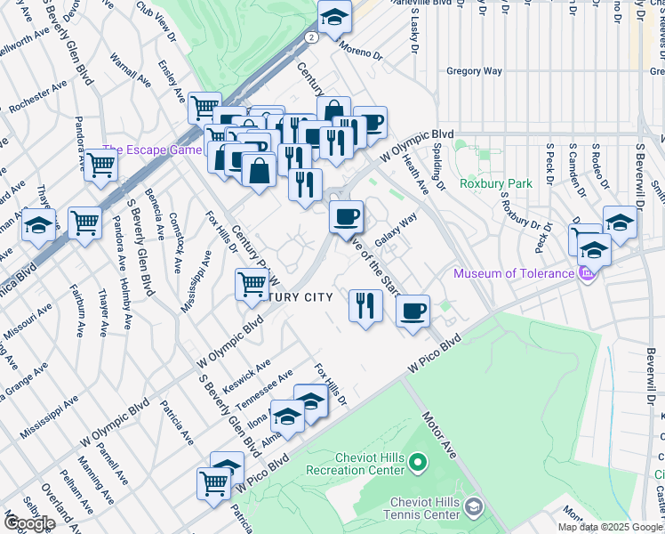 map of restaurants, bars, coffee shops, grocery stores, and more near 10299 West Galaxy Way in Los Angeles