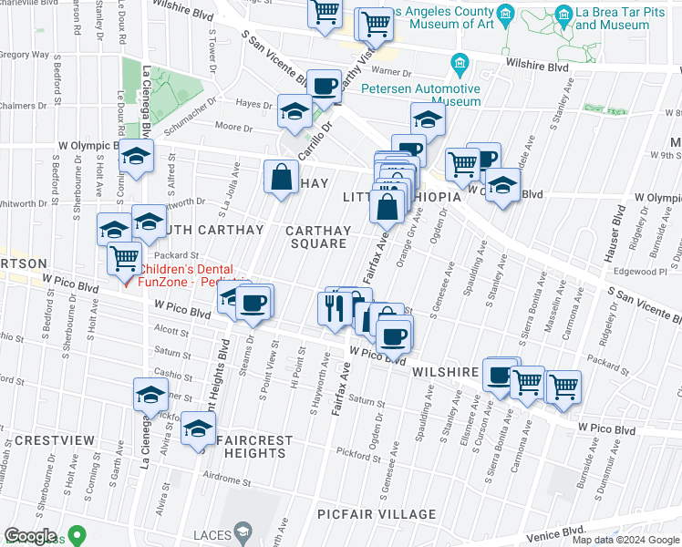 map of restaurants, bars, coffee shops, grocery stores, and more near 1159 South Hayworth Avenue in Los Angeles